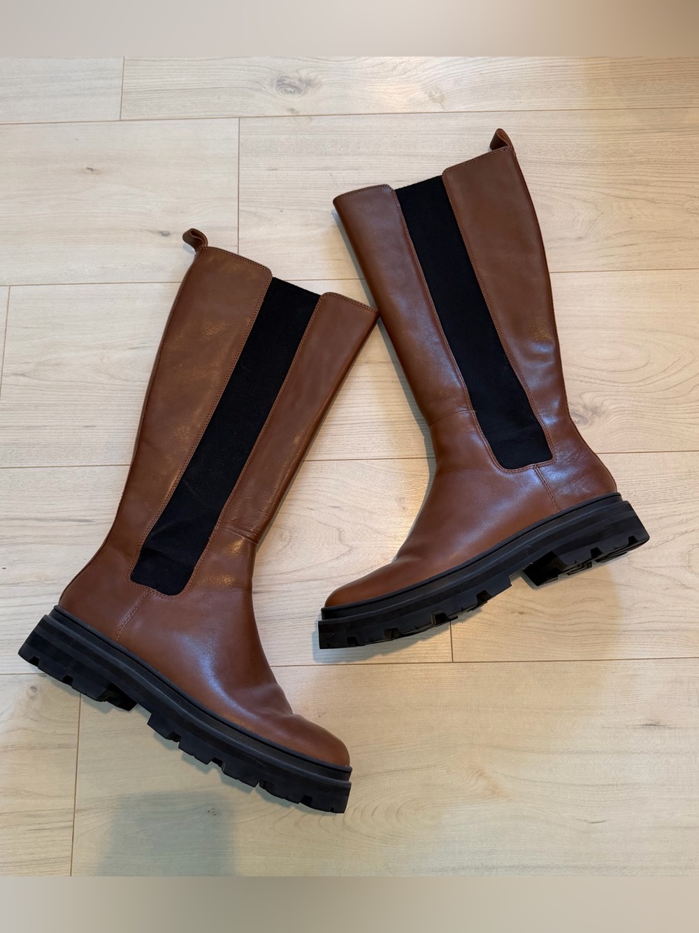 Madewell Brown Leather Tall Boots with Black Panels Size 10